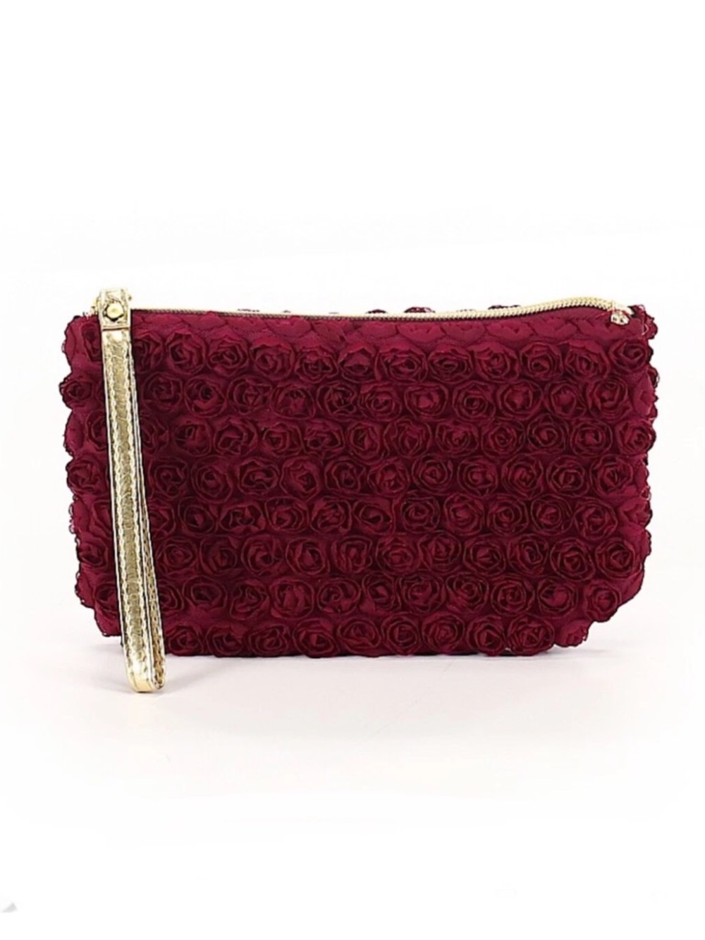 Neiman Marcus Burgundy Rose Rosette Appliqué Wristlet Clutch Gold Accents NWT